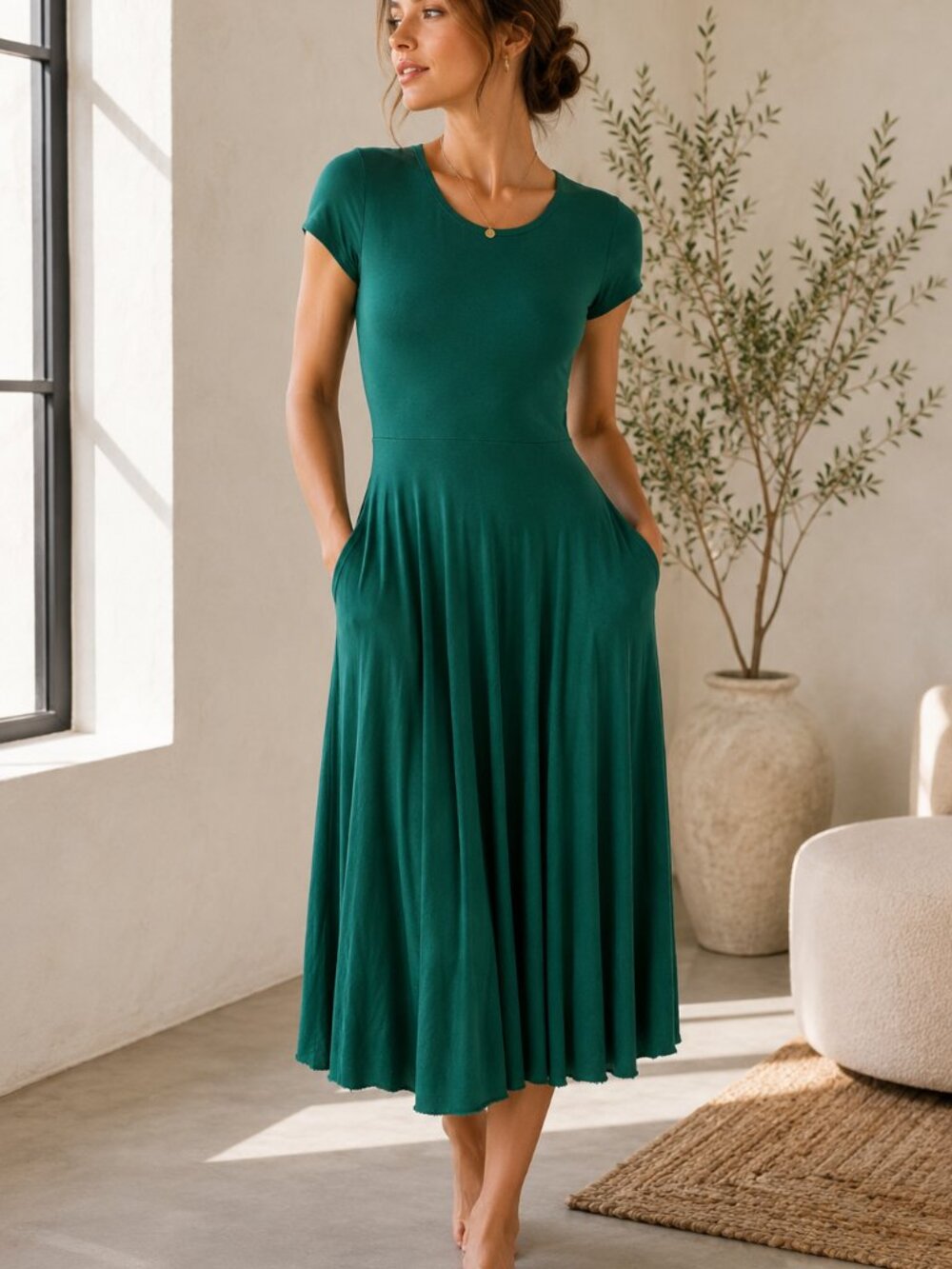Nadia Tarr Kelly Green Stretch Jersey Fit Flare Midi Dress Pockets M